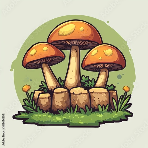 Three cartoon mushrooms grow in a patch of grass.
