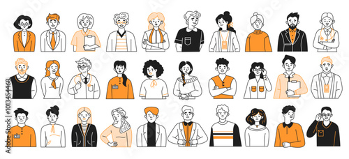 Businesspeople profile avatars doodle line and color illustration set. Business specialists jobs linear sketch vector characters collection