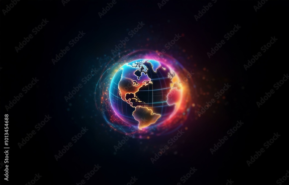 A glowing, digital Earth with colored lines and dots on a dark background. A glowing, digital Earth with colored lines and dots on a dark background.