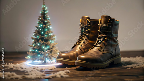 Cozy Cold Weather Scene: Flat Floating Holographic Pine Tree with Glowing Winter Boots & Isolated Copy Space for Creative Designs