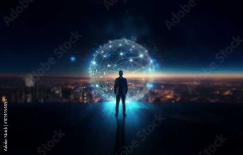 A man stands alone on a platform overlooking a cityscape at night, with a glowing sphere of interconnected lines behind him.