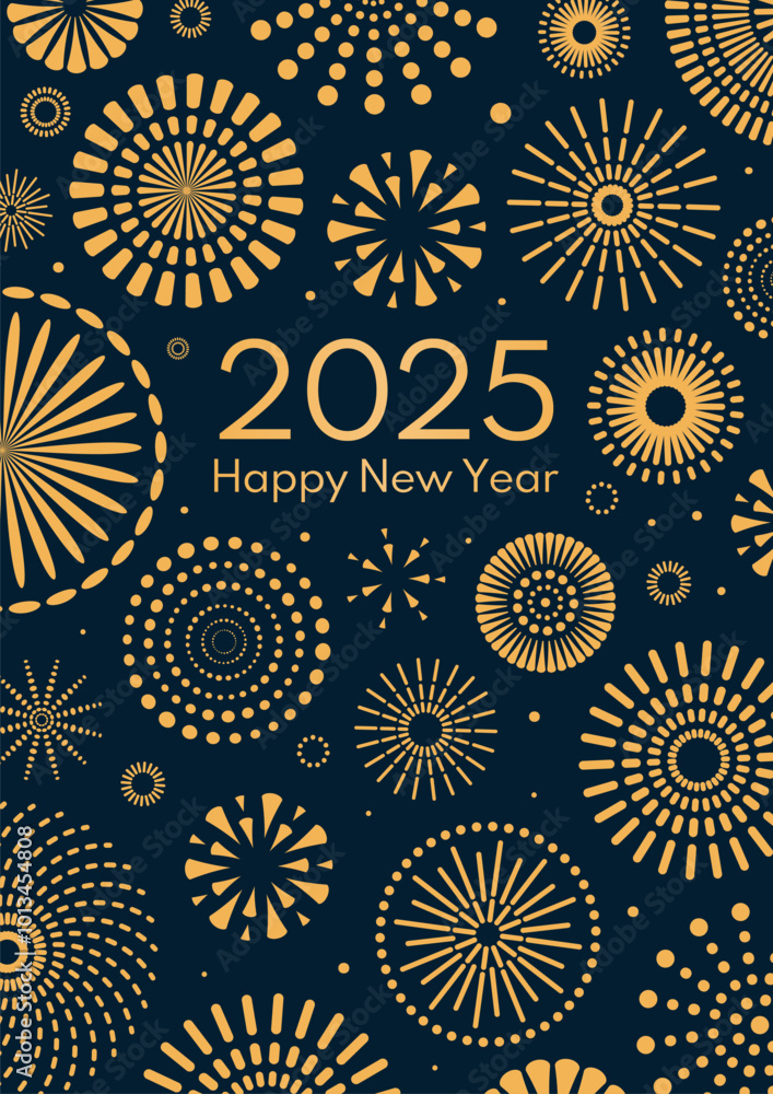 Golden fireworks 2025 Happy New Year, bright on dark background, with text. Flat style vector illustration. Abstract geometric design. Concept for holiday greeting card, poster, banner, flyer Golden fireworks 2025 Happy New Year, bright on dark background, with text. Flat style vector illustration. Abstract geometric design. Concept for holiday greeting card, poster, banner, flyer