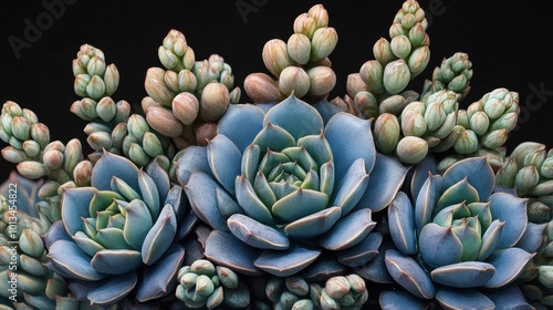 A stunning close-up of blue Echeveria succulents with budding flowers, arranged in a regal crown formation, showing intricate textures.