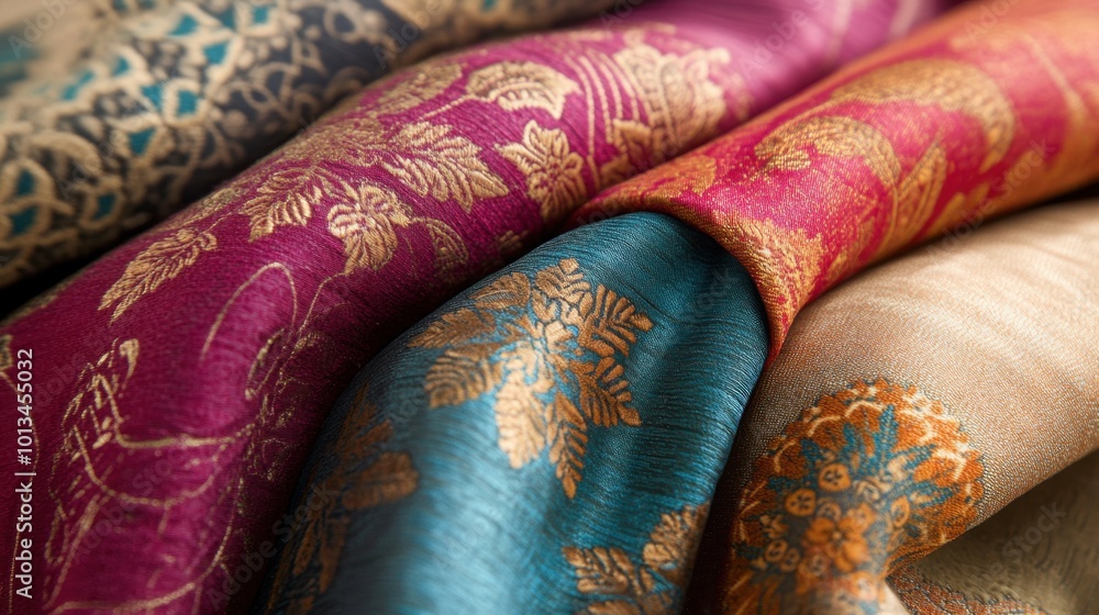 A stunning collection of luxurious Indian fabrics featuring vibrant hues and intricate patterns, celebrating the richness of textile craftsmanship. A stunning collection of luxurious Indian fabrics featuring vibrant hues and intricate patterns, celebrating the richness of textile craftsmanship.