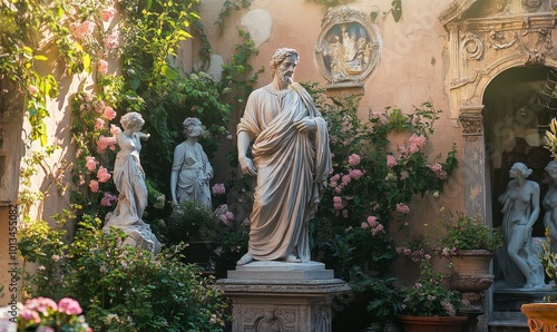 Statues, flowers, and an ancient building.