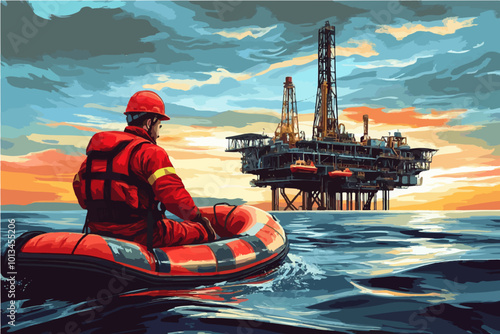 Vector of a petrochemical worker in a red helmet in a lifeboat approaching an offshore oil platform at sunset, highlighting the energy sector workforce.