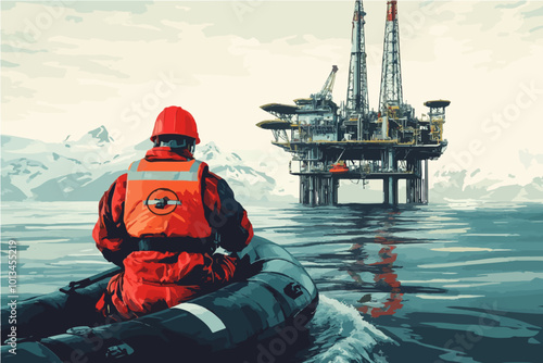 Vector of a geophysical worker in a red helmet approaching an offshore oil platform in icy waters, symbolizing the energy sector and harsh working conditions.