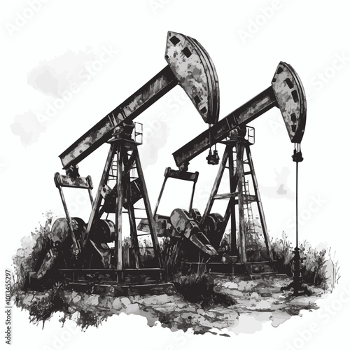 Monochromatic illustration of dual oil pump jacks in action, representing the extraction industry and energy production.