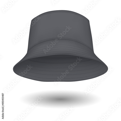 Black mockup bucket hat floating in air realistic vector illustration. Minimalist head sun protection cap 3d model on white background