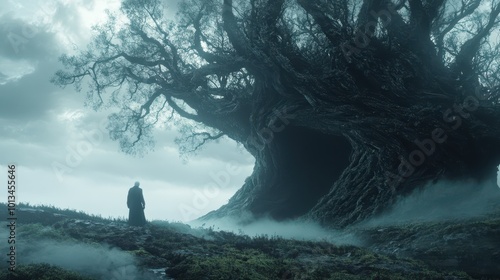 A lone figure stands before a massive, ancient, and hollow tree in a misty, ethereal landscape.