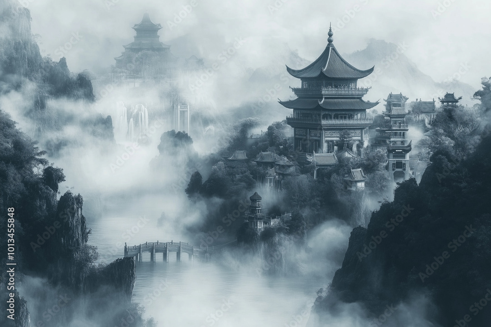 Ancient Eastern Mythology Mountain Temple Background Ancient Eastern Mythology Mountain Temple Background