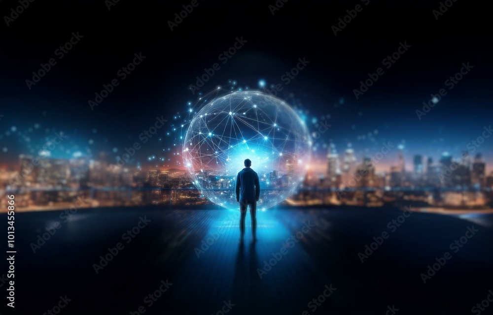 A person stands on a rooftop overlooking a city at night, a glowing orb of connected nodes hovers above them. A person stands on a rooftop overlooking a city at night, a glowing orb of connected nodes hovers above them.