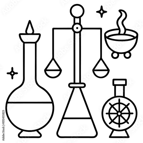 set of alchemy outline coloring book page line art drawing