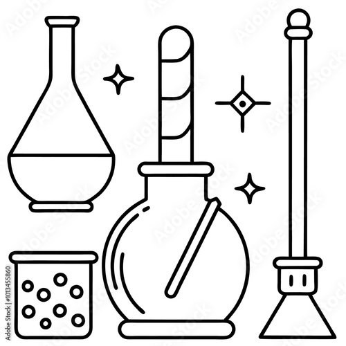 set of alchemy outline coloring book page line art drawing