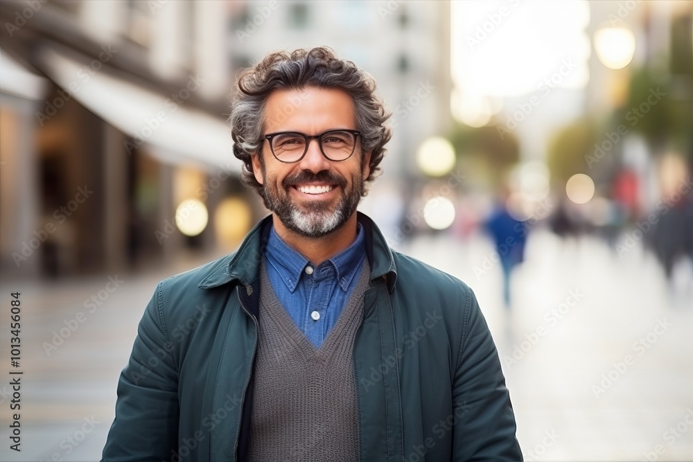portrait of a middle aged man with glasses on a city street portrait of a middle aged man with glasses on a city street