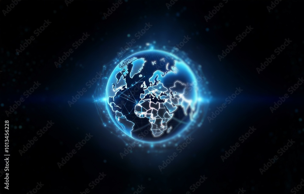 Naklejka premium A glowing blue digital globe with continents outlined against a black background with blue lights.