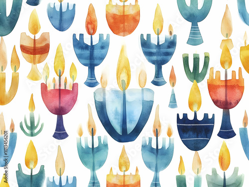 Seamless Watercolor Tile Pattern Featuring Eco-Friendly Hanukkah Menorahs Made from Recycled Glass for a Sustainable and Fresh Design Aesthetic