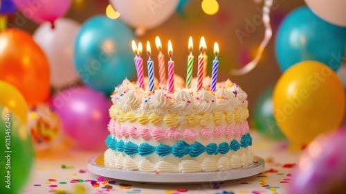 vibrant birthday cake with swirling frosting, lit candles casting warm glow. colorful balloons and shimmering confetti creating festive, joyous atmosphere.