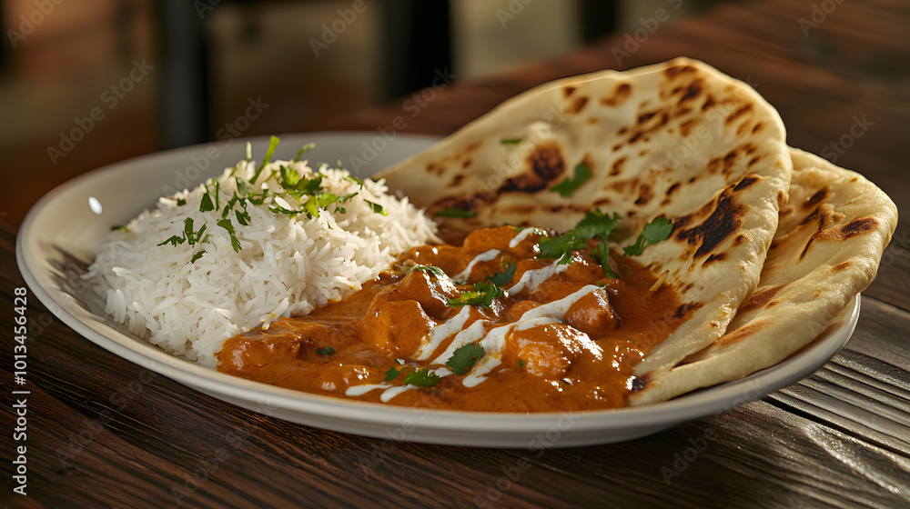 A plate of butter chicken with rice and naan bread. A plate of butter chicken with rice and naan bread.
