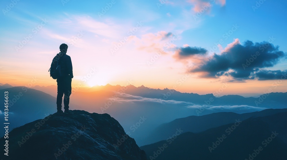Silhouette of a Hiker on a Mountaintop at Sunset Silhouette of a Hiker on a Mountaintop at Sunset