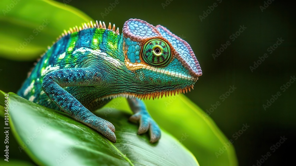 vibrant chameleon perched on a tropical leaf, its scales a kaleidoscope of electric blues and greens. macro shot captures every detail of its fascinating texture. vibrant chameleon perched on a tropical leaf, its scales a kaleidoscope of electric blues and greens. macro shot captures every detail of its fascinating texture.