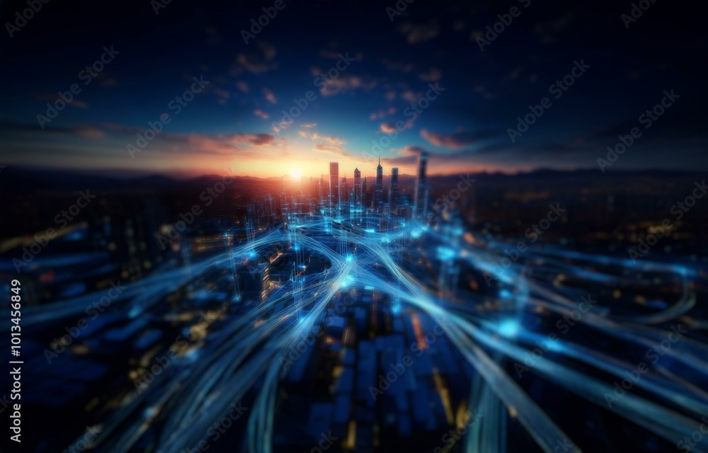Sunset over a city skyline with glowing blue lines connecting buildings. Sunset over a city skyline with glowing blue lines connecting buildings.