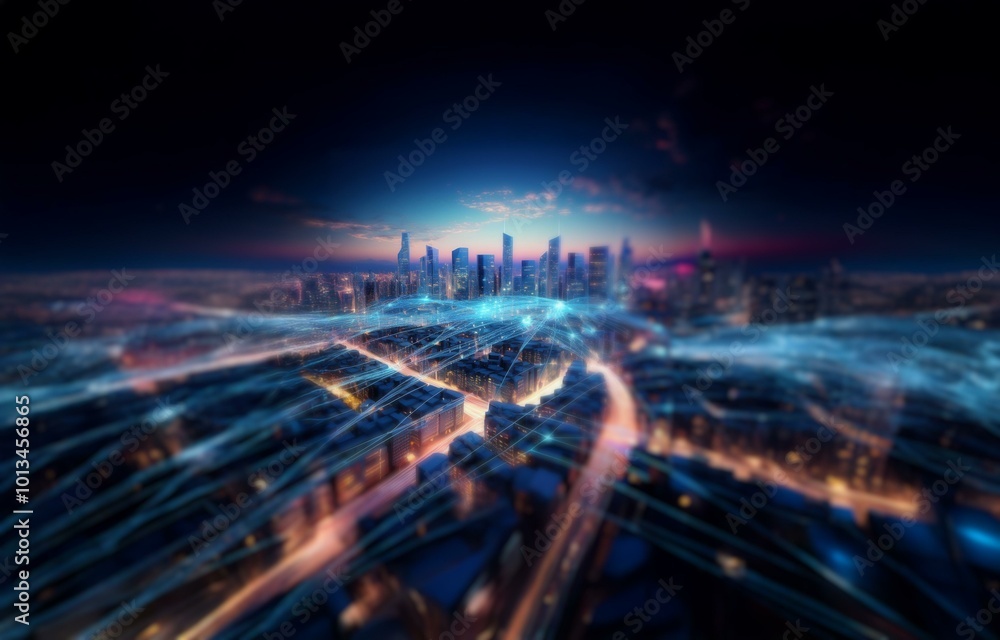 A nighttime aerial cityscape with glowing blue lines connecting the buildings, suggesting digital networks and communication. A nighttime aerial cityscape with glowing blue lines connecting the buildings, suggesting digital networks and communication.