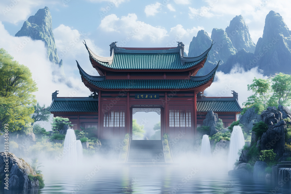 Ancient Eastern Mythology Mountain Temple Background Ancient Eastern Mythology Mountain Temple Background