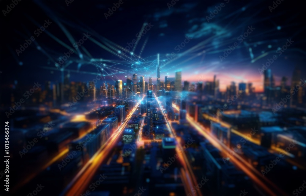 A futuristic city skyline with glowing lights and connecting lines. A futuristic city skyline with glowing lights and connecting lines.