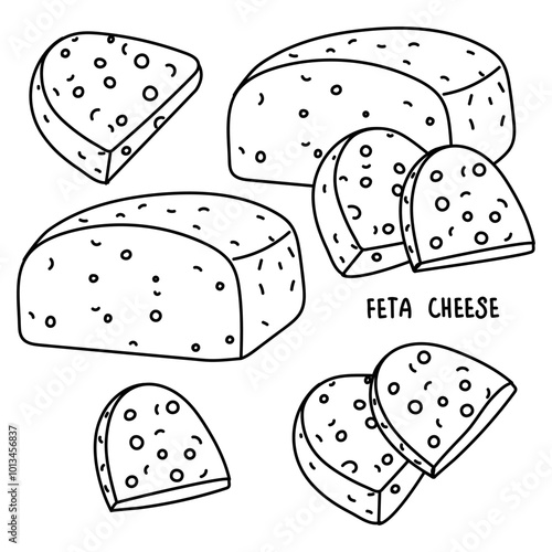 set of doodle illustrations of various pieces of Feta cheese, highlighted on a white. A whole piece of pressed dairy product with sliced pieces. Greek curd cheese made from sheep's milk or milk beans.