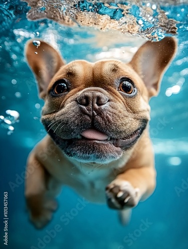 Adorable French Bulldog Swimming Underwater photo