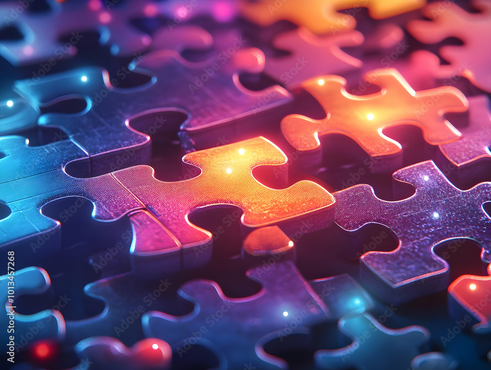 Flat Macro Illustration of Glowing Puzzle Pieces Symbolizing Unity, Diversity, and Equality for Human Rights Day - Emphasizing Collaboration and Interconnectedness Flat Macro Illustration of Glowing Puzzle Pieces Symbolizing Unity, Diversity, and Equality for Human Rights Day - Emphasizing Collaboration and Interconnectedness