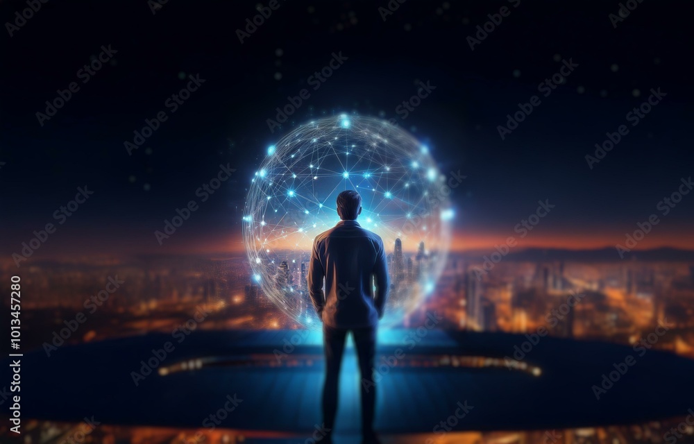 A silhouette of a man stands in front of a glowing orb, a cityscape sprawled out behind him. A silhouette of a man stands in front of a glowing orb, a cityscape sprawled out behind him.