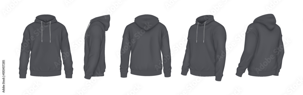 Black hoodies with place for company brand realistic vector illustration set. Sports apparel with design template 3d models on white Black hoodies with place for company brand realistic vector illustration set. Sports apparel with design template 3d models on white