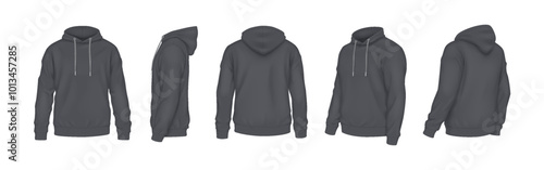 Black hoodies with place for company brand realistic vector illustration set. Sports apparel with design template 3d models on white