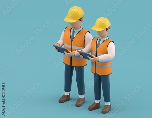 3D Two construction workers in hard hats and safety vests review plans on their tablets