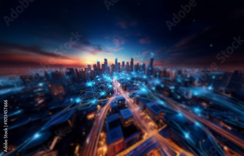 A nighttime cityscape with a network of blue lines connecting the buildings and streets.