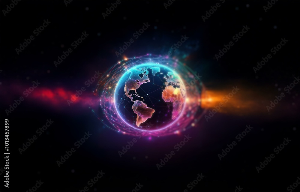 Obraz premium A glowing, digital representation of the Earth with a network of connected lines and dots.