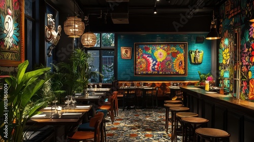A stylish Indian restaurant with contemporary furnishings and vibrant Indian art, creating an inviting and unique dining experience.