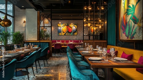 A stylish Indian restaurant with contemporary furnishings and vibrant Indian art, creating an inviting and unique dining experience.
