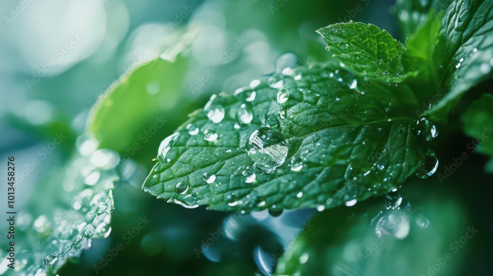 vibrant mint leaves suspended in crystal clear liquid, macro detail, glistening droplets, fresh aroma, soft backlighting