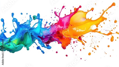 vibrant paint splash frozen in mid-air, explosive burst of color against white background, dynamic and energetic composition