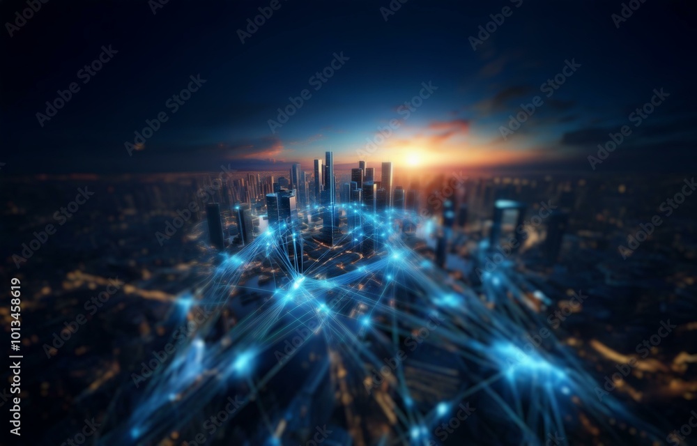 Aerial view of a cityscape at dusk with glowing lines connecting the buildings. Aerial view of a cityscape at dusk with glowing lines connecting the buildings.