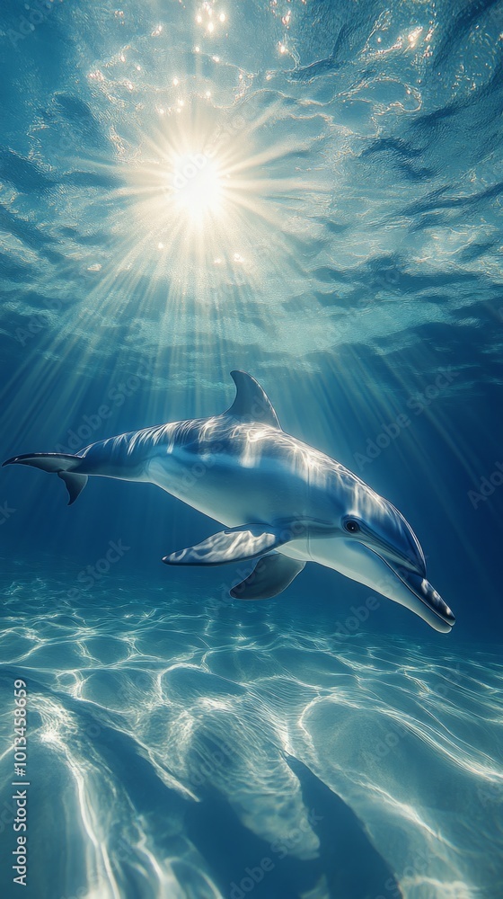 Fototapeta premium A dolphin is swimming in the ocean with the sun shining on it