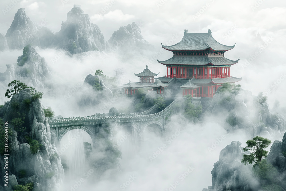 Ancient Eastern Mythology Mountain Temple Background Ancient Eastern Mythology Mountain Temple Background