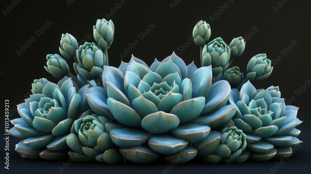 Fototapeta premium A tight cluster of blue Echeveria succulents with flower buds arranged in a crown pattern, displaying their symmetry and texture. Realistic, highly detailed
