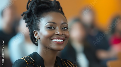 Portrait of a smiling African American woman with locs. photo