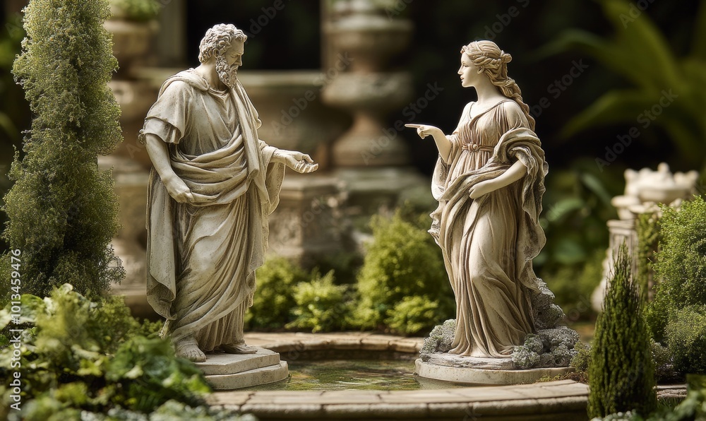 Two statues in a miniature garden. Two statues in a miniature garden.