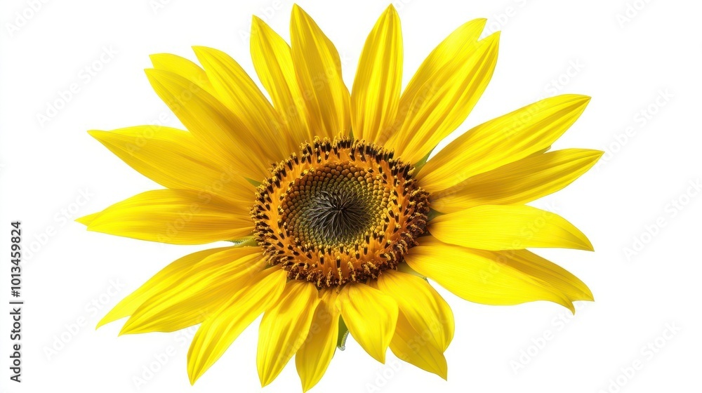 Fototapeta premium vibrant yellow sunflower with intricate petal details, dramatic lighting casting soft shadows, isolated against a pure white background for maximum impact