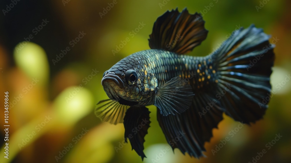 Black Betta Fish With Yellow Spots in Aquarium Black Betta Fish With Yellow Spots in Aquarium